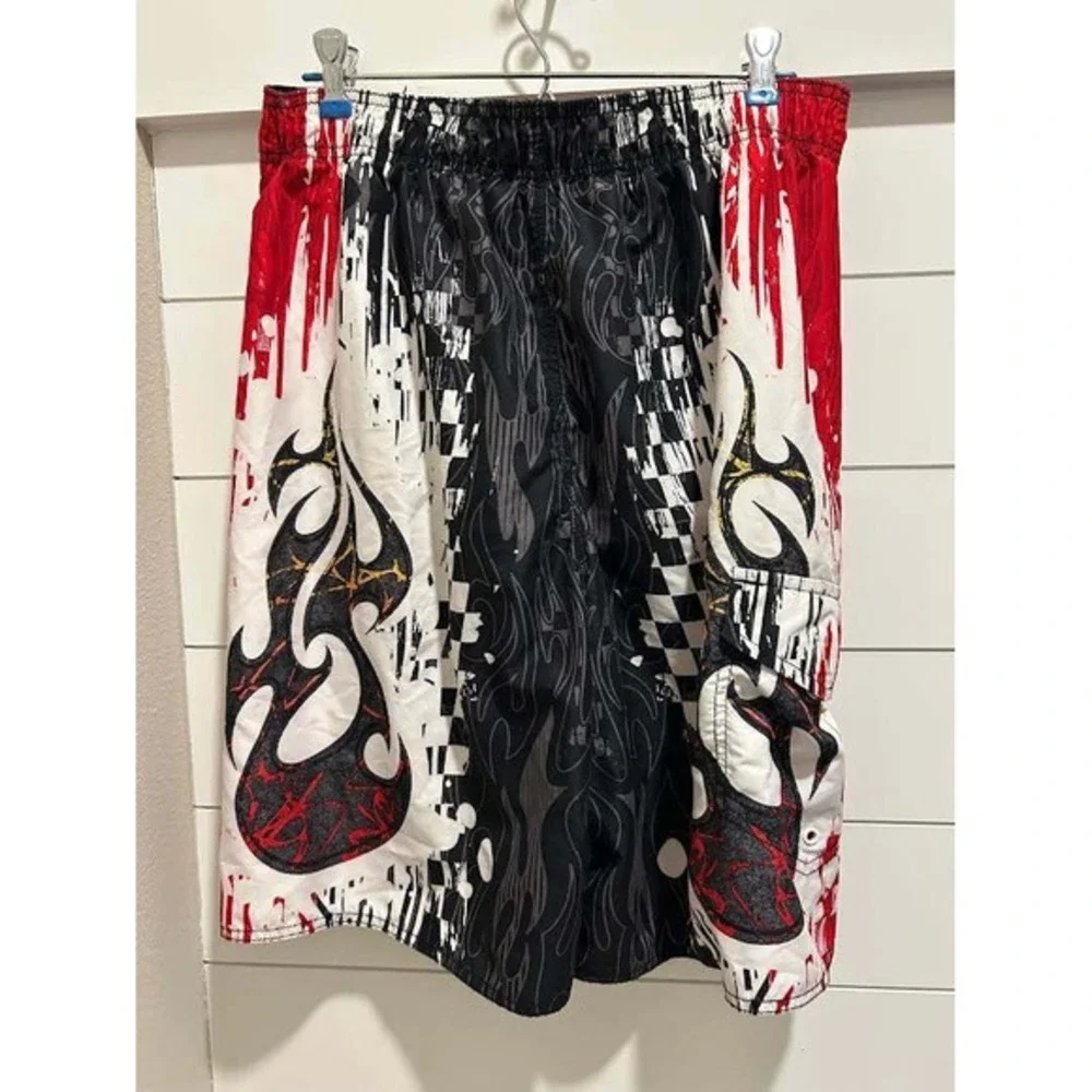 Joe Boxer Boys Swim Trunks Red Black Flames Checkered Board Shorts Size 16H‎ Y2K